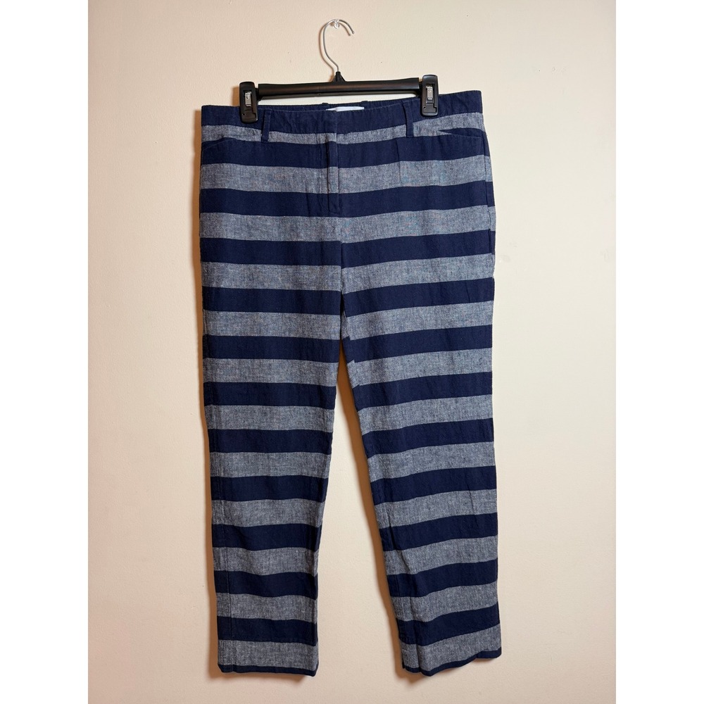 Gap Slim Cropped Striped Linen Blend Pants Navy Grey Womens 6 Nautical Office